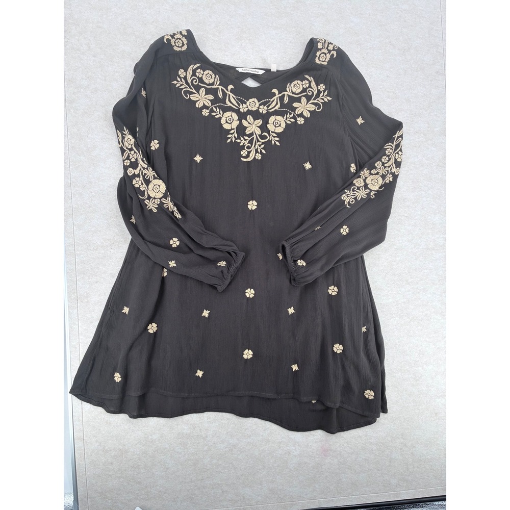 Soft Surroundings Embroidered Floral Tunic Top XL Black Boho Lined Coquette